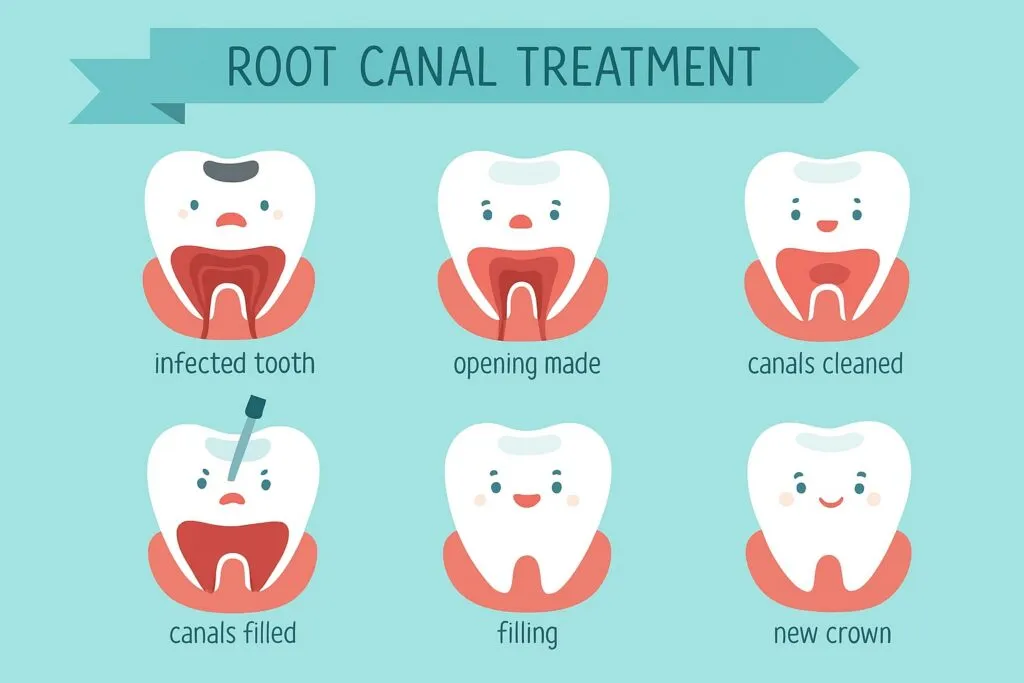 The stages of a root canal treatment, from infected pulp to a sealed and restored tooth