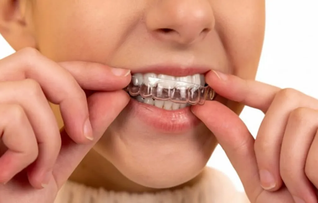 Patient fitting a clear aligner over her upper teeth